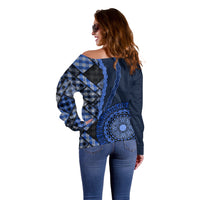 New Zealand Aotearoa Off Shoulder Sweater Maori Harakeke Weaving Pattern Blue LT05 - Polynesian Pride