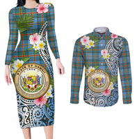 Personalised Hawaii State Couples Matching Long Sleeve Bodycon Dress and Long Sleeve Button Shirt Tropical Flowers With Tartan Pattern LT05 Blue - Polynesian Pride