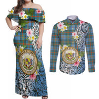 Personalised Hawaii State Couples Matching Off Shoulder Maxi Dress and Long Sleeve Button Shirt Tropical Flowers With Tartan Pattern LT05 Blue - Polynesian Pride