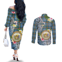 Personalised Hawaii State Couples Matching Off The Shoulder Long Sleeve Dress and Long Sleeve Button Shirt Tropical Flowers With Tartan Pattern LT05 - Polynesian Pride