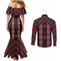 New Zealand Aotearoa Couples Matching Mermaid Dress and Long Sleeve Button Shirt Red Poutama With Taniko Pattern LT05 - Polynesian Pride