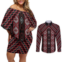 New Zealand Aotearoa Couples Matching Off Shoulder Short Dress and Long Sleeve Button Shirt Red Poutama With Taniko Pattern LT05 Red - Polynesian Pride