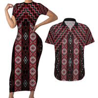 New Zealand Aotearoa Couples Matching Short Sleeve Bodycon Dress and Hawaiian Shirt Red Poutama With Taniko Pattern LT05 Red - Polynesian Pride