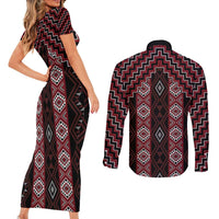 New Zealand Aotearoa Couples Matching Short Sleeve Bodycon Dress and Long Sleeve Button Shirt Red Poutama With Taniko Pattern LT05 - Polynesian Pride