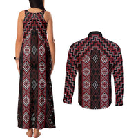 New Zealand Aotearoa Couples Matching Tank Maxi Dress and Long Sleeve Button Shirt Red Poutama With Taniko Pattern LT05 - Polynesian Pride