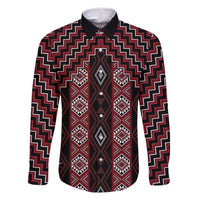 New Zealand Aotearoa Family Matching Off Shoulder Short Dress and Hawaiian Shirt Red Poutama With Taniko Pattern LT05 Dad's Shirt - Long Sleeve Red - Polynesian Pride