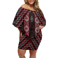 New Zealand Aotearoa Family Matching Off Shoulder Short Dress and Hawaiian Shirt Red Poutama With Taniko Pattern LT05 Mom's Dress Red - Polynesian Pride