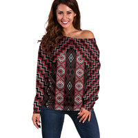 New Zealand Aotearoa Off Shoulder Sweater Red Poutama With Taniko Pattern LT05