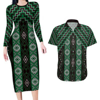 New Zealand Aotearoa Couples Matching Long Sleeve Bodycon Dress and Hawaiian Shirt Green Poutama With Taniko Pattern LT05 Green - Polynesian Pride