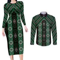 New Zealand Aotearoa Couples Matching Long Sleeve Bodycon Dress and Long Sleeve Button Shirt Green Poutama With Taniko Pattern LT05 Green - Polynesian Pride