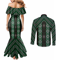New Zealand Aotearoa Couples Matching Mermaid Dress and Long Sleeve Button Shirt Green Poutama With Taniko Pattern LT05 - Polynesian Pride