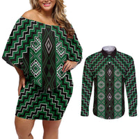 New Zealand Aotearoa Couples Matching Off Shoulder Short Dress and Long Sleeve Button Shirt Green Poutama With Taniko Pattern LT05 Green - Polynesian Pride
