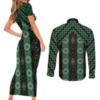 New Zealand Aotearoa Couples Matching Short Sleeve Bodycon Dress and Long Sleeve Button Shirt Green Poutama With Taniko Pattern LT05 - Polynesian Pride