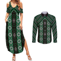 New Zealand Aotearoa Couples Matching Summer Maxi Dress and Long Sleeve Button Shirt Green Poutama With Taniko Pattern LT05 Green - Polynesian Pride