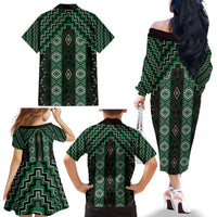 New Zealand Aotearoa Family Matching Off The Shoulder Long Sleeve Dress and Hawaiian Shirt Green Poutama With Taniko Pattern LT05 - Polynesian Pride