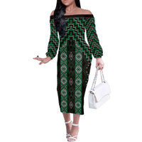 New Zealand Aotearoa Family Matching Off The Shoulder Long Sleeve Dress and Hawaiian Shirt Green Poutama With Taniko Pattern LT05 Mom's Dress Green - Polynesian Pride