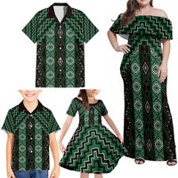 New Zealand Aotearoa Family Matching Off Shoulder Maxi Dress and Hawaiian Shirt Green Poutama With Taniko Pattern LT05 - Polynesian Pride