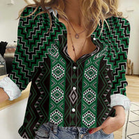 New Zealand Aotearoa Women Casual Shirt Green Poutama With Taniko Pattern LT05