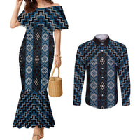 New Zealand Aotearoa Couples Matching Mermaid Dress and Long Sleeve Button Shirt Blue Poutama With Taniko Pattern LT05 Blue - Polynesian Pride