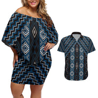 New Zealand Aotearoa Couples Matching Off Shoulder Short Dress and Hawaiian Shirt Blue Poutama With Taniko Pattern LT05 Blue - Polynesian Pride