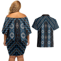 New Zealand Aotearoa Couples Matching Off Shoulder Short Dress and Hawaiian Shirt Blue Poutama With Taniko Pattern LT05 - Polynesian Pride