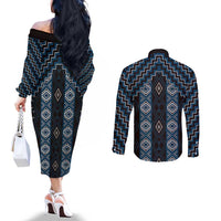 New Zealand Aotearoa Couples Matching Off The Shoulder Long Sleeve Dress and Long Sleeve Button Shirt Blue Poutama With Taniko Pattern LT05 - Polynesian Pride