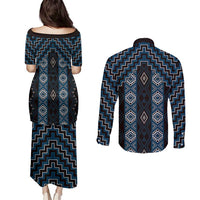 New Zealand Aotearoa Couples Matching Puletasi and Long Sleeve Button Shirt Blue Poutama With Taniko Pattern LT05 - Polynesian Pride