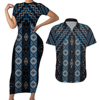 New Zealand Aotearoa Couples Matching Short Sleeve Bodycon Dress and Hawaiian Shirt Blue Poutama With Taniko Pattern LT05 Blue - Polynesian Pride