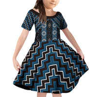 New Zealand Aotearoa Family Matching Off Shoulder Short Dress and Hawaiian Shirt Blue Poutama With Taniko Pattern LT05 Daughter's Dress Blue - Polynesian Pride
