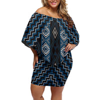 New Zealand Aotearoa Family Matching Off Shoulder Short Dress and Hawaiian Shirt Blue Poutama With Taniko Pattern LT05 Mom's Dress Blue - Polynesian Pride