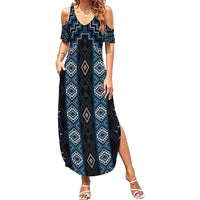 New Zealand Aotearoa Family Matching Summer Maxi Dress and Hawaiian Shirt Blue Poutama With Taniko Pattern LT05 Mom's Dress Blue - Polynesian Pride