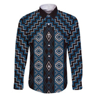 New Zealand Aotearoa Family Matching Tank Maxi Dress and Hawaiian Shirt Blue Poutama With Taniko Pattern LT05 Dad's Shirt - Long Sleeve Blue - Polynesian Pride