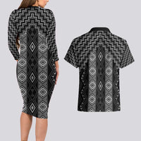 New Zealand Aotearoa Couples Matching Long Sleeve Bodycon Dress and Hawaiian Shirt Black Poutama With Taniko Pattern LT05 - Polynesian Pride