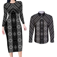 New Zealand Aotearoa Couples Matching Long Sleeve Bodycon Dress and Long Sleeve Button Shirt Black Poutama With Taniko Pattern LT05 Black - Polynesian Pride