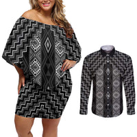 New Zealand Aotearoa Couples Matching Off Shoulder Short Dress and Long Sleeve Button Shirt Black Poutama With Taniko Pattern LT05 Black - Polynesian Pride