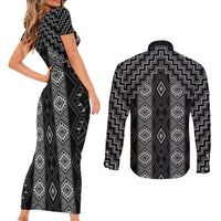 New Zealand Aotearoa Couples Matching Short Sleeve Bodycon Dress and Long Sleeve Button Shirt Black Poutama With Taniko Pattern LT05 - Polynesian Pride