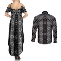 New Zealand Aotearoa Couples Matching Summer Maxi Dress and Long Sleeve Button Shirt Black Poutama With Taniko Pattern LT05