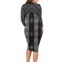 New Zealand Aotearoa Family Matching Long Sleeve Bodycon Dress and Hawaiian Shirt Black Poutama With Taniko Pattern LT05 - Polynesian Pride