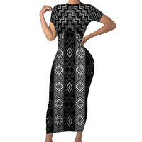 New Zealand Aotearoa Short Sleeve Bodycon Dress Black Poutama With Taniko Pattern LT05