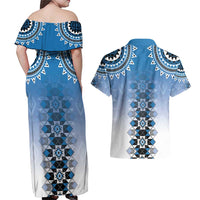 New Zealand Couples Matching Off Shoulder Maxi Dress and Hawaiian Shirt Poutama Mix Blue Taniko Inspired Art LT05 - Polynesian Pride
