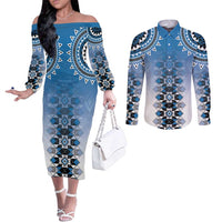 New Zealand Couples Matching Off The Shoulder Long Sleeve Dress and Long Sleeve Button Shirt Poutama Mix Blue Taniko Inspired Art LT05 Blue - Polynesian Pride