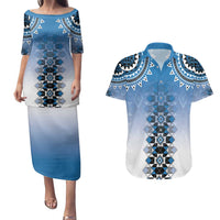 New Zealand Couples Matching Puletasi and Hawaiian Shirt Poutama Mix Blue Taniko Inspired Art LT05 Blue - Polynesian Pride