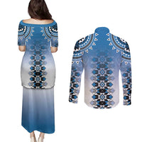 New Zealand Couples Matching Puletasi and Long Sleeve Button Shirt Poutama Mix Blue Taniko Inspired Art LT05 - Polynesian Pride