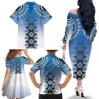 New Zealand Family Matching Off The Shoulder Long Sleeve Dress and Hawaiian Shirt Poutama Mix Blue Taniko Inspired Art LT05 - Polynesian Pride