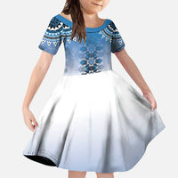 New Zealand Family Matching Off Shoulder Maxi Dress and Hawaiian Shirt Poutama Mix Blue Taniko Inspired Art LT05 Daughter's Dress Blue - Polynesian Pride