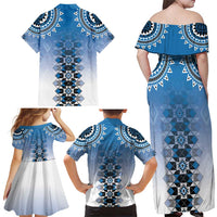 New Zealand Family Matching Off Shoulder Maxi Dress and Hawaiian Shirt Poutama Mix Blue Taniko Inspired Art LT05 - Polynesian Pride