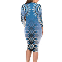 New Zealand Long Sleeve Bodycon Dress Poutama Mix Blue Taniko Inspired Art LT05 - Polynesian Pride