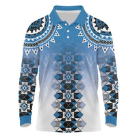 New Zealand Long Sleeve Polo Shirt Poutama Mix Blue Taniko Inspired Art LT05 Blue - Polynesian Pride