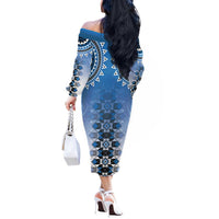 New Zealand Off The Shoulder Long Sleeve Dress Poutama Mix Blue Taniko Inspired Art LT05 - Polynesian Pride
