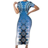 New Zealand Short Sleeve Bodycon Dress Poutama Mix Blue Taniko Inspired Art LT05 Long Dress Blue - Polynesian Pride